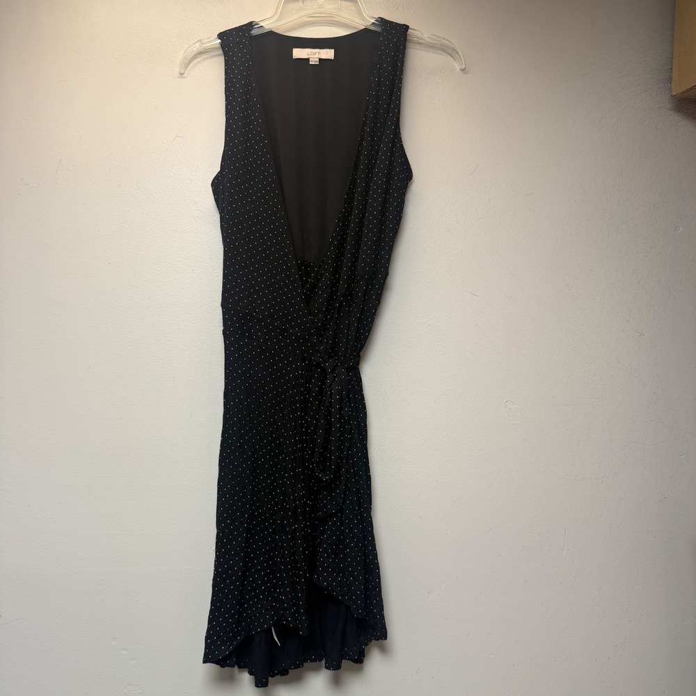 Loft Wrap Dress Womens Medium Navy Blue Excellent Polka Dot Sleeveless V-Neck